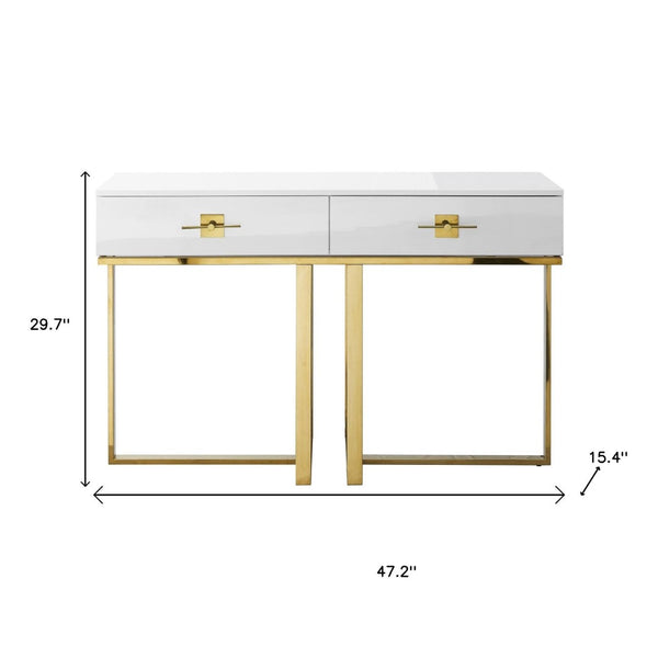 HomeRoots 47" Stylish Stainless Steel Coffee Table with Two Drawers for Modern Elegance and Practical Storage White/Gold 543865