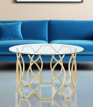 HomeRoots 32" Clear Glass and Iron Round Coffee Table – Chic Modern Design for Stylish Living Spaces and Offices Gold 543866