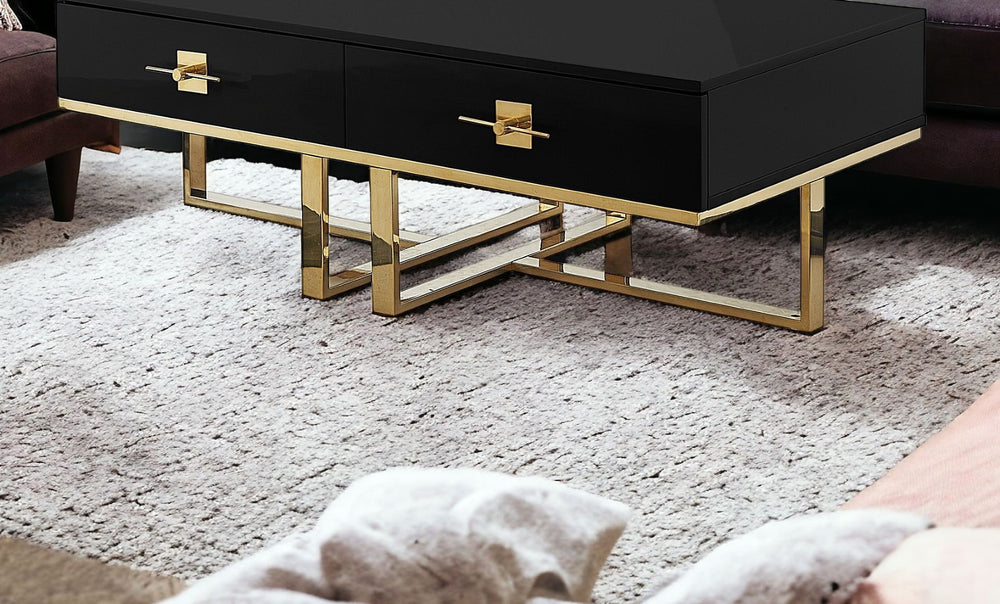 HomeRoots 47" Contemporary Stainless Steel Coffee Table with Two Drawers for Stylish Living Room Storage Black/Gold 543868