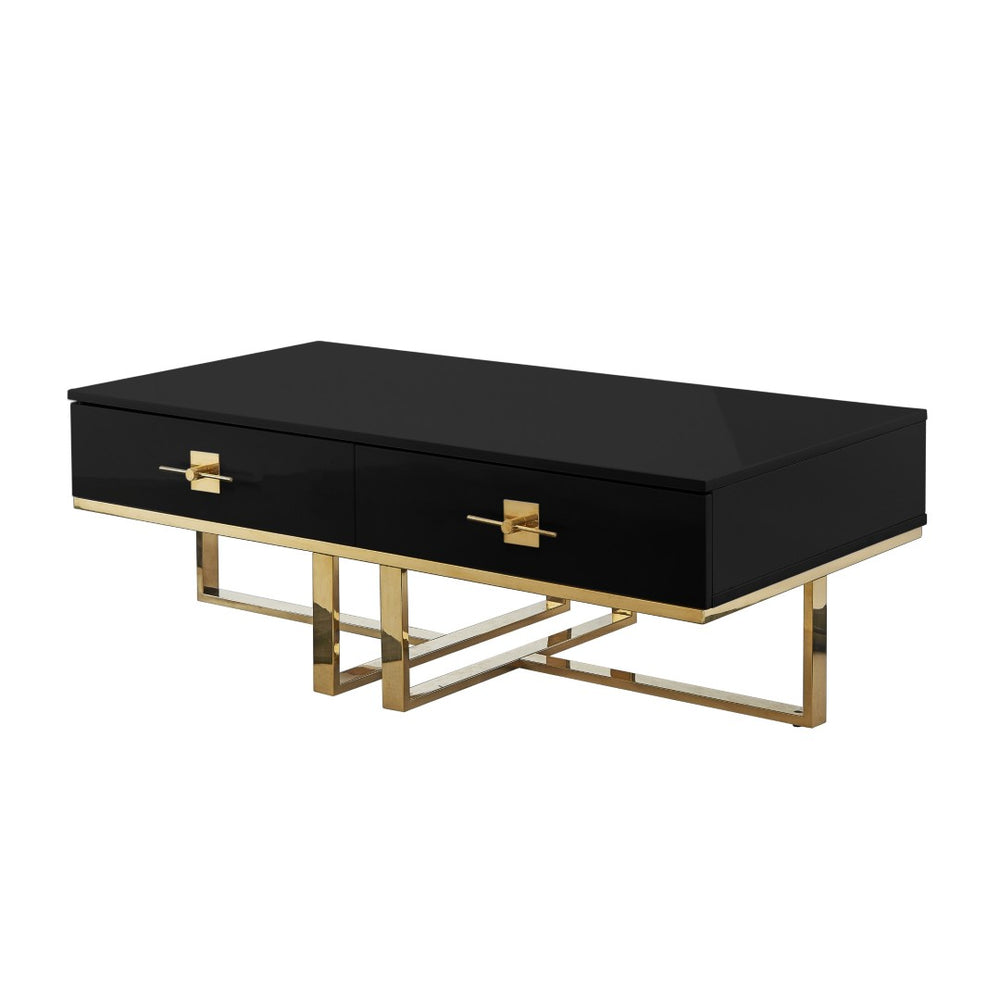 HomeRoots 47" Contemporary Stainless Steel Coffee Table with Two Drawers for Stylish Living Room Storage Black/Gold 543868
