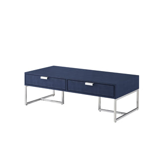 Homeroots 46" Navy Blue And Silver Metallic Stainless Steel Coffee Table With Two Drawers Navy,Chrome  543873
