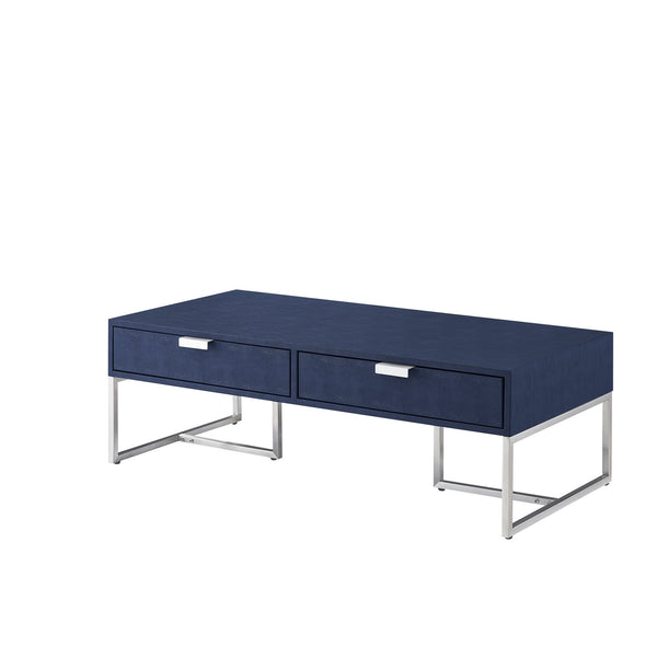 Homeroots 46" Navy Blue And Silver Metallic Stainless Steel Coffee Table With Two Drawers Navy,Chrome  543873