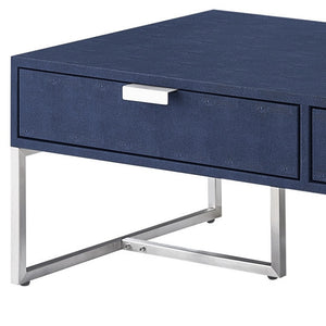 Homeroots 46" Navy Blue And Silver Metallic Stainless Steel Coffee Table With Two Drawers Navy,Chrome  543873