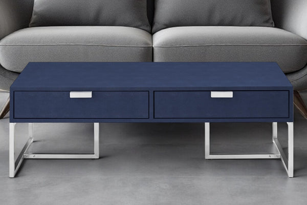 HomeRoots 46" Modern Gray and Gold Coffee Table with Two Drawers for Stylish Living Room Storage Solutions Navy/Chrome 543873