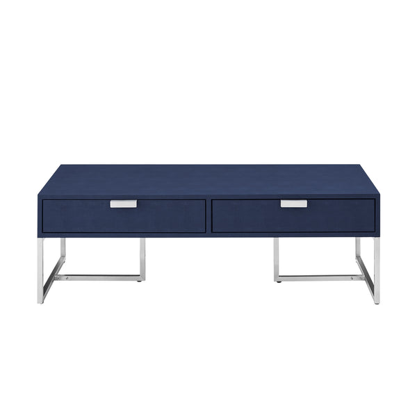 Homeroots 46" Navy Blue And Silver Metallic Stainless Steel Coffee Table With Two Drawers Navy,Chrome  543873