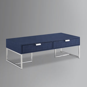 Homeroots 46" Navy Blue And Silver Metallic Stainless Steel Coffee Table With Two Drawers Navy,Chrome  543873