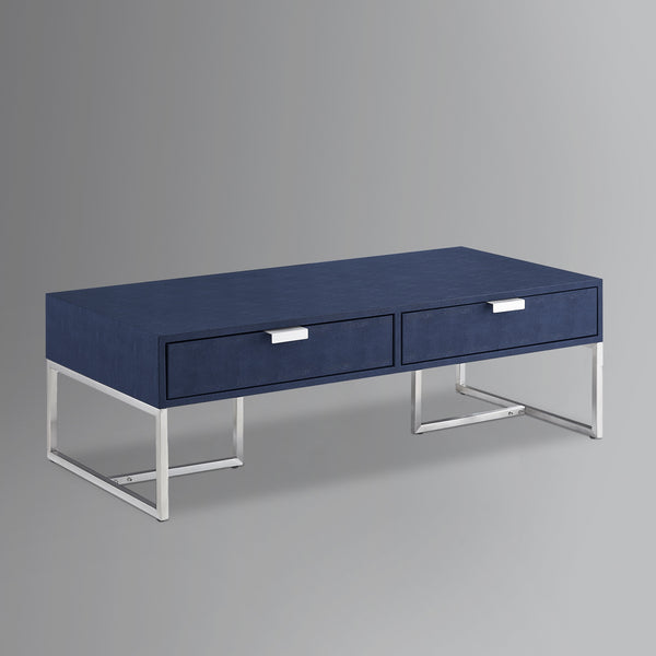 Homeroots 46" Navy Blue And Silver Metallic Stainless Steel Coffee Table With Two Drawers Navy,Chrome  543873