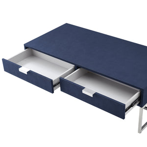 Homeroots 46" Navy Blue And Silver Metallic Stainless Steel Coffee Table With Two Drawers Navy,Chrome  543873
