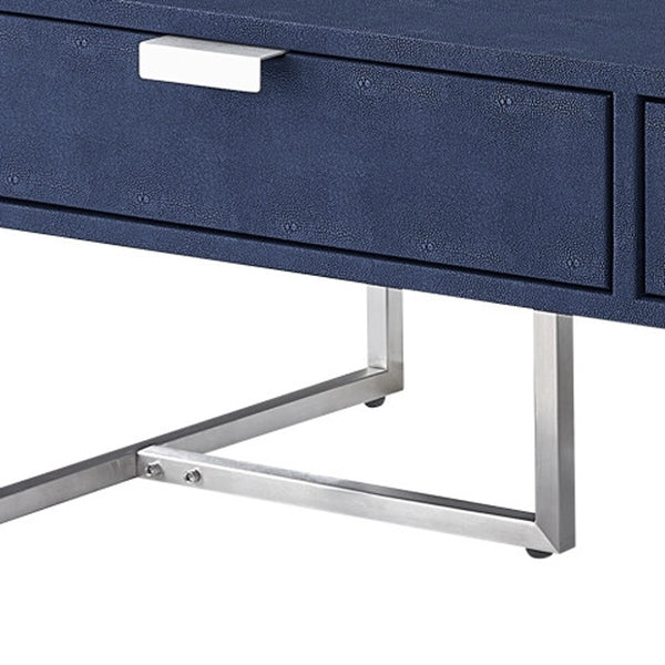 Homeroots 46" Navy Blue And Silver Metallic Stainless Steel Coffee Table With Two Drawers Navy,Chrome  543873