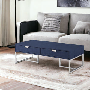 Homeroots 46" Navy Blue And Silver Metallic Stainless Steel Coffee Table With Two Drawers Navy,Chrome  543873