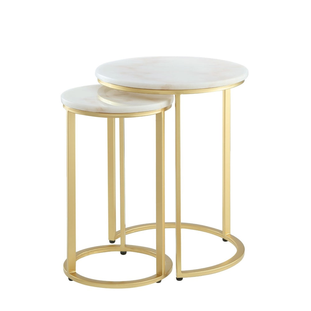 HomeRoots Set of Two 22" Marble Round Nested Tables – Elegant Space-Saving Accent for Modern Living Rooms Gold 543883