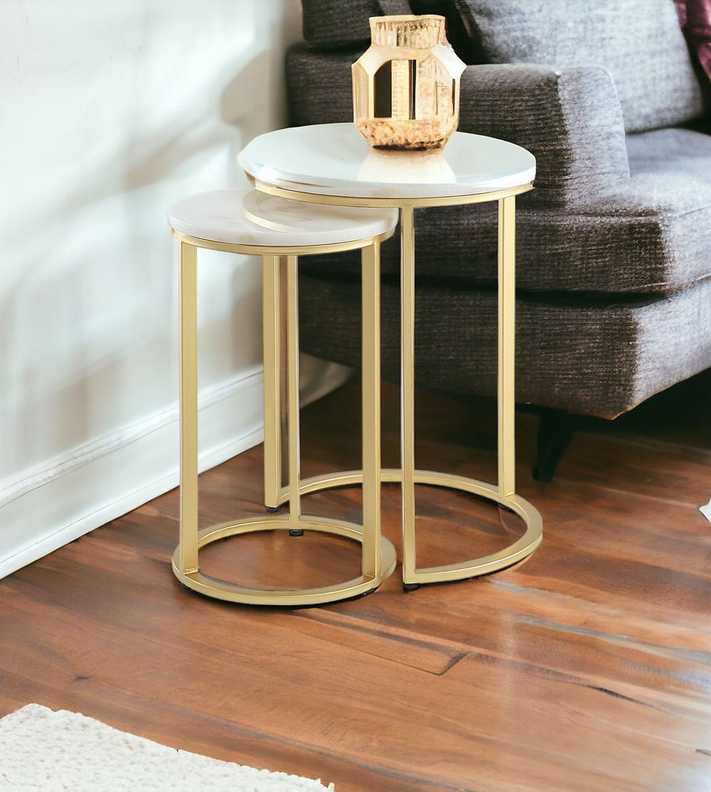 HomeRoots Set of Two 22" Marble Round Nested Tables – Elegant Space-Saving Accent for Modern Living Rooms Gold 543883
