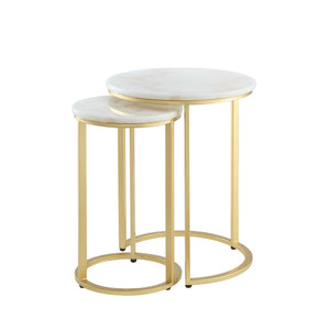 Homeroots Set Of Two 22" Gold And White Marble Round Nested Tables Gold  543883