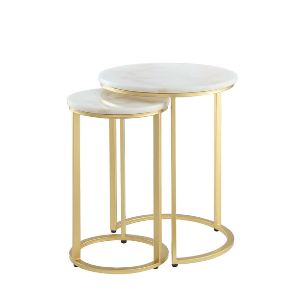 Homeroots Set Of Two 22" Gold And White Marble Round Nested Tables Gold  543883