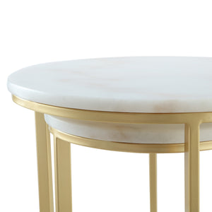Homeroots Set Of Two 22" Gold And White Marble Round Nested Tables Gold  543883