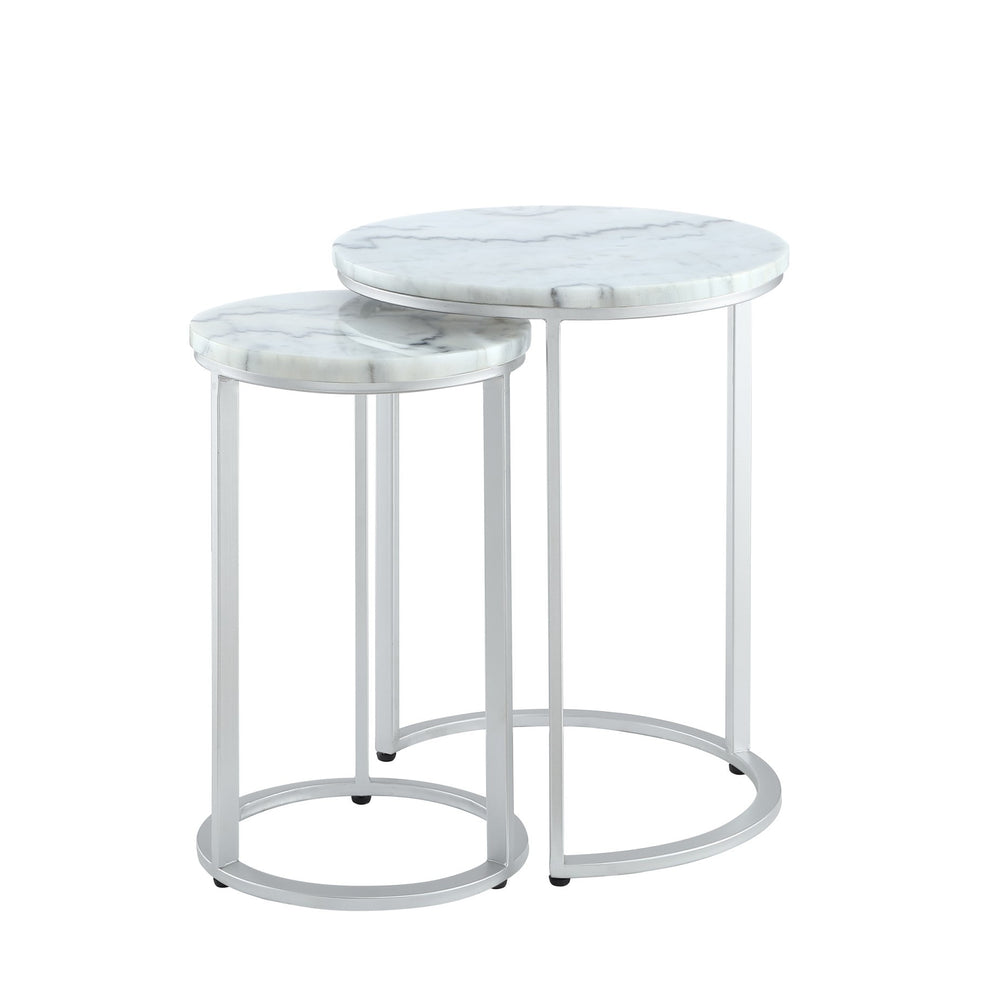 Homeroots Set Of Two 22" Silver And White Marble Round Nested Tables Silver  543884