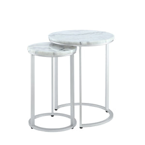 Homeroots Set Of Two 22" Silver And White Marble Round Nested Tables Silver  543884