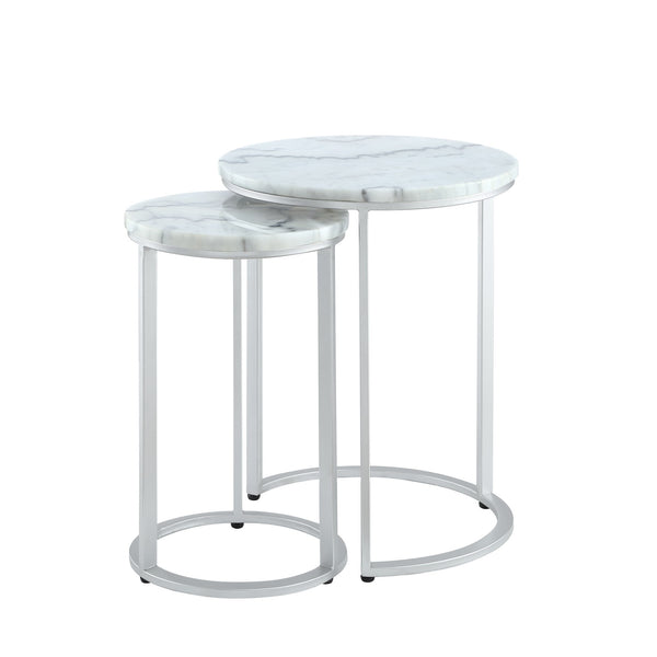 Homeroots Set Of Two 22" Silver And White Marble Round Nested Tables Silver  543884