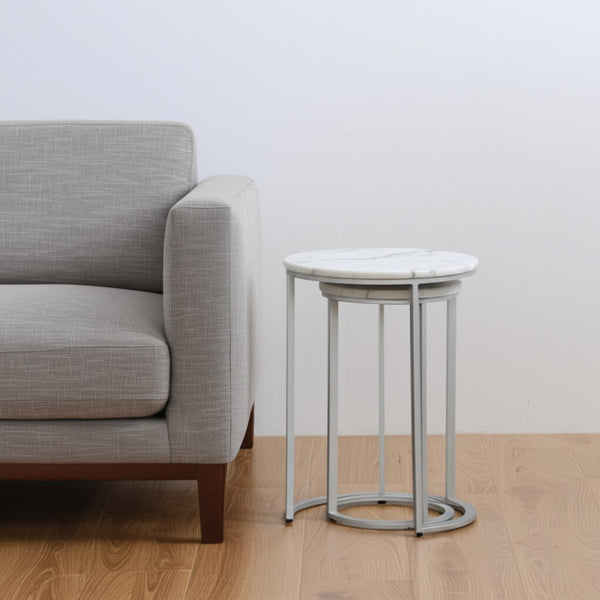 HomeRoots Set of Two 22" Marble Round Nested Tables – Elegant Space-Saving Accent for Modern Living Rooms Silver 543884