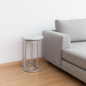 HomeRoots Set of Two 22" Marble Round Nested Tables – Elegant Space-Saving Accent for Modern Living Rooms Silver 543884