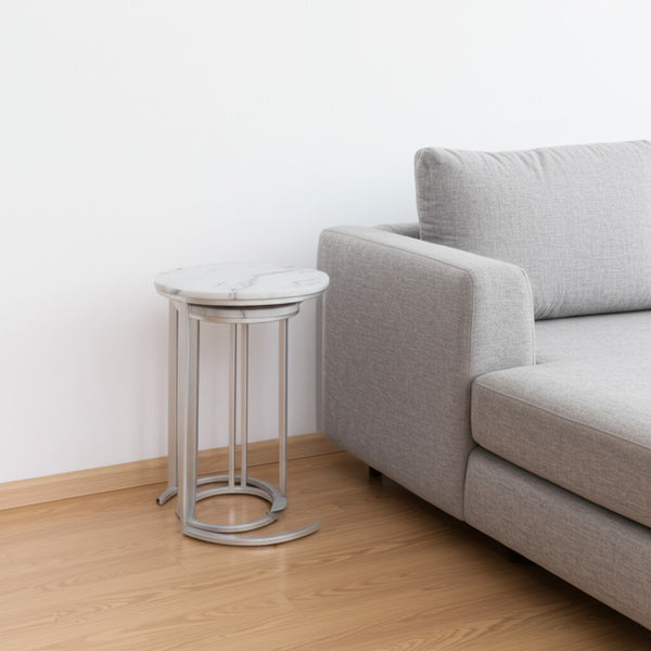 HomeRoots Set of Two 22" Marble Round Nested Tables – Elegant Space-Saving Accent for Modern Living Rooms Silver 543884