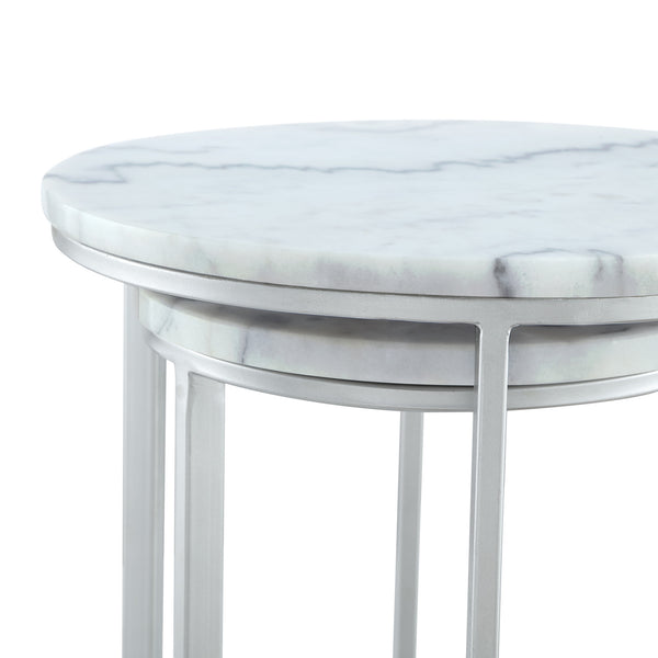 Homeroots Set Of Two 22" Silver And White Marble Round Nested Tables Silver  543884