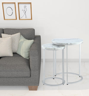 Homeroots Set Of Two 22" Silver And White Marble Round Nested Tables Silver  543884