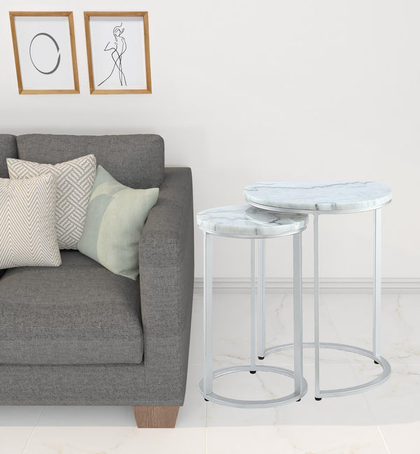 Homeroots Set Of Two 22" Silver And White Marble Round Nested Tables Silver  543884