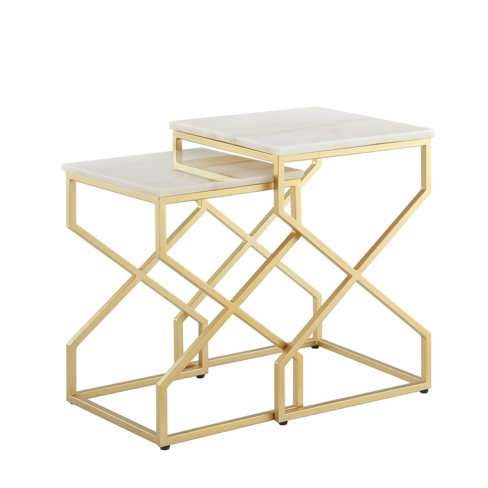 HomeRoots Set of Two Elegant Marble Nested Tables for Modern Living Spaces - Stylish and Space-Saving Design Gold 543885