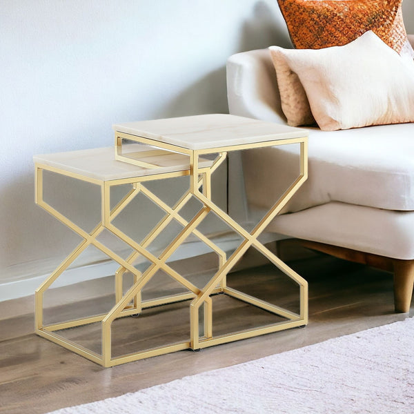 Homeroots Set Of Two 22" Gold And White Marble Nested Tables Gold  543885