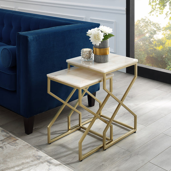 Homeroots Set Of Two 22" Gold And White Marble Nested Tables Gold  543885