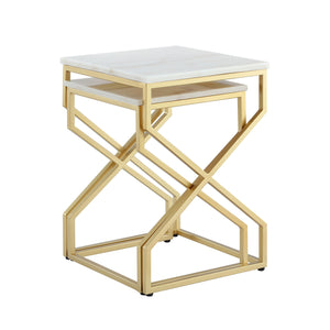 Homeroots Set Of Two 22" Gold And White Marble Nested Tables Gold  543885