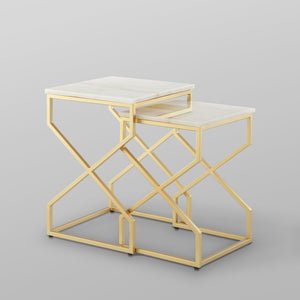 Homeroots Set Of Two 22" Gold And White Marble Nested Tables Gold  543885