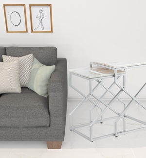 Homeroots Set Of Two 22" Silver And White Marble Nested Tables Silver  543886