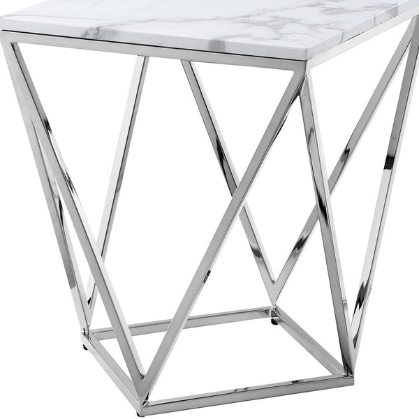 Homeroots 22" Silver Metallic And White Stone Square End Table Chrome  543887