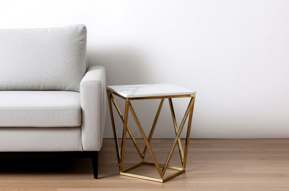 HomeRoots 22" Silver Metallic Square End Table with White Stone Top - Modern Accent for Any Room Decor Gold 543888