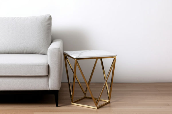 HomeRoots 22" Silver Metallic Square End Table with White Stone Top - Modern Accent for Any Room Decor Gold 543888