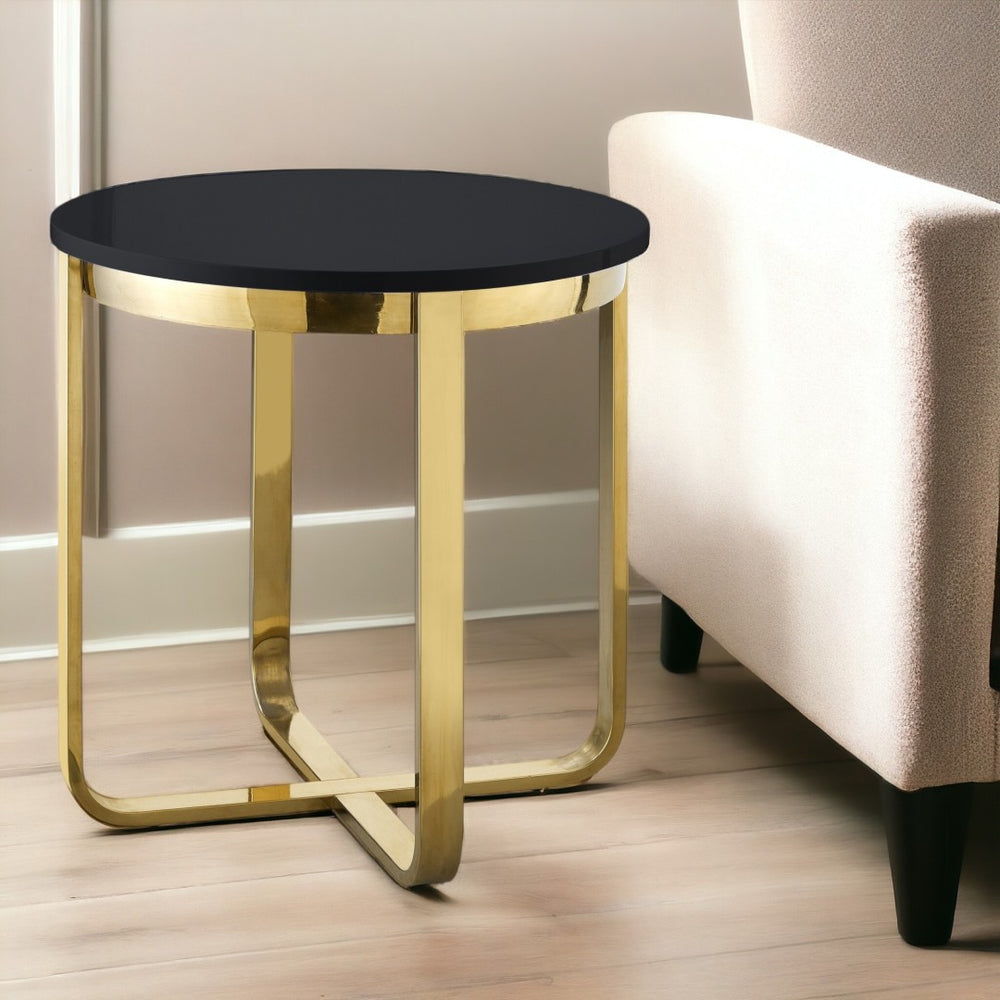 HomeRoots 22" Elegant Round End Table with Cross-Leg Design – Stylish Metallic Accents for Modern Spaces Black/Gold 543889