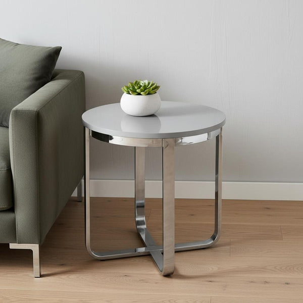 HomeRoots 22" Modern Light Gray Round End Table with Silver Stainless Steel Cross Legs for Stylish Spaces 543890