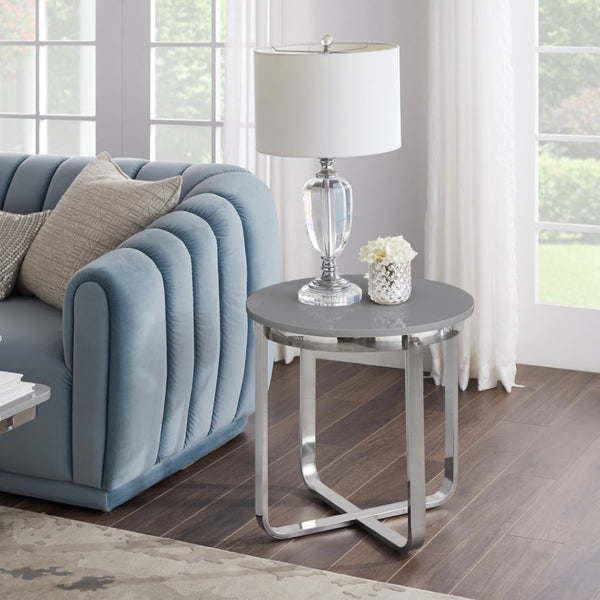 HomeRoots 22" Modern Light Gray Round End Table with Silver Stainless Steel Cross Legs for Stylish Spaces 543890