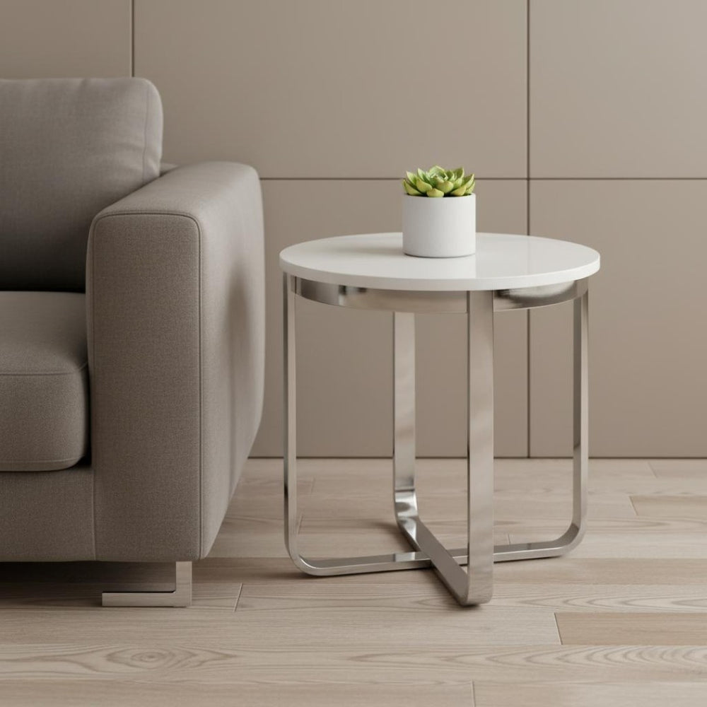 HomeRoots 22" Modern White and Silver Round End Table with Sturdy Cross Legs - Perfect for Small Spaces! 543891
