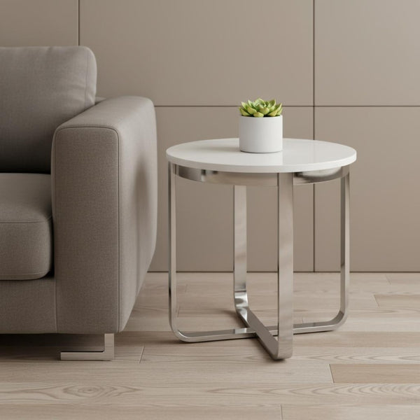 HomeRoots 22" Modern White and Silver Round End Table with Sturdy Cross Legs - Perfect for Small Spaces! 543891