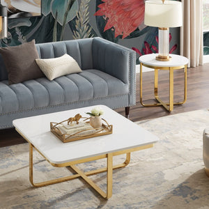 HomeRoots 22" Chic White and Gold Round End Table with Stainless Steel Cross Legs – Modern Minimalist Accent Piece 543892