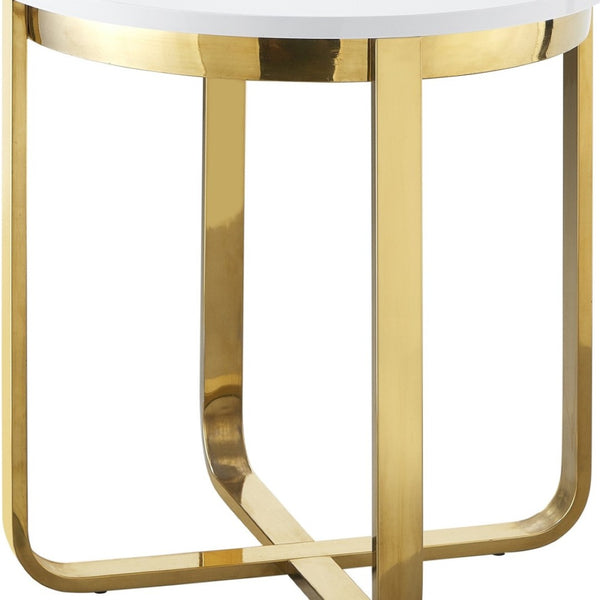 HomeRoots 22" Chic White and Gold Round End Table with Stainless Steel Cross Legs – Modern Minimalist Accent Piece 543892
