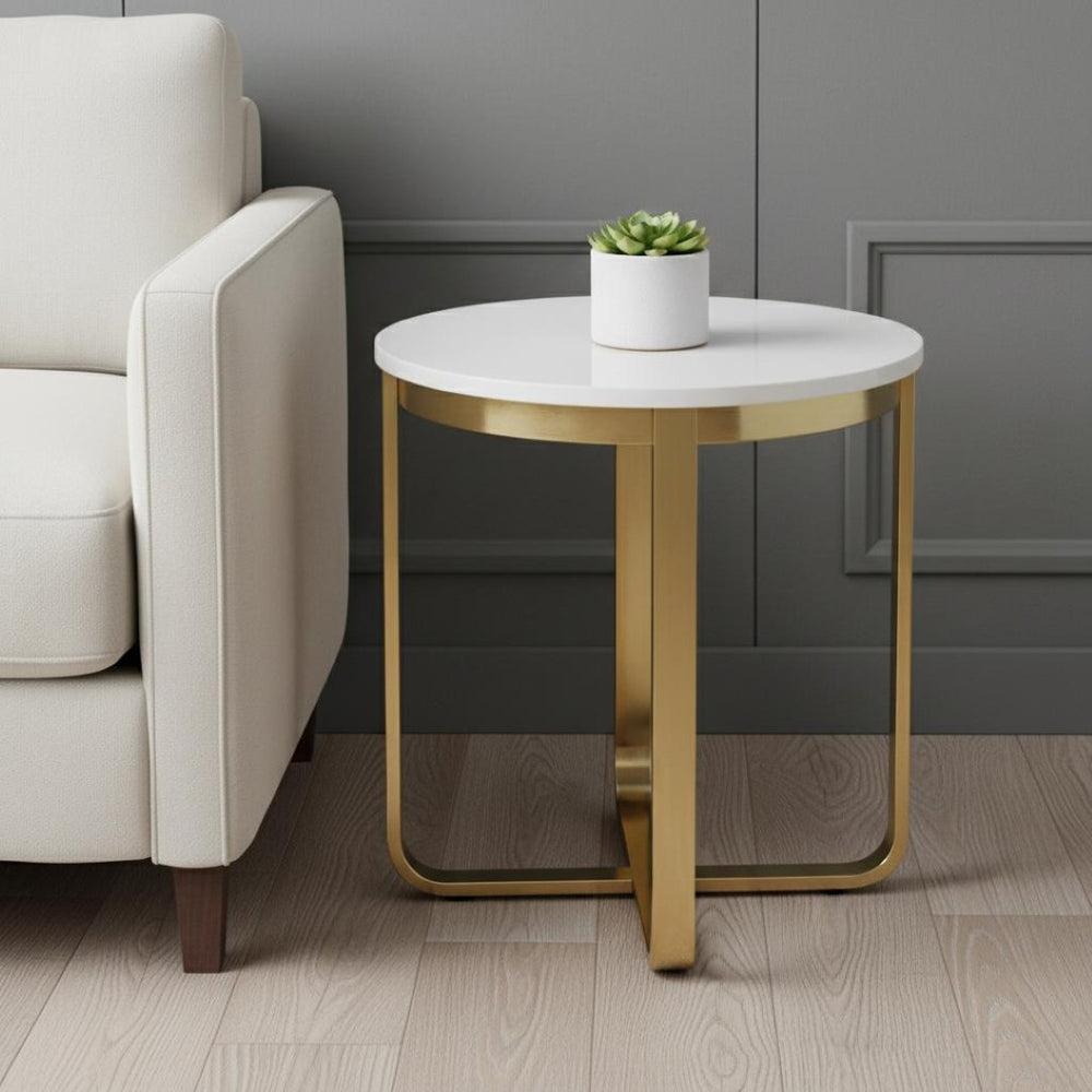 HomeRoots 22" Chic White and Gold Round End Table with Stainless Steel Cross Legs – Modern Minimalist Accent Piece 543892