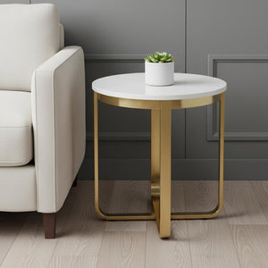 HomeRoots 22" Chic White and Gold Round End Table with Stainless Steel Cross Legs – Modern Minimalist Accent Piece 543892