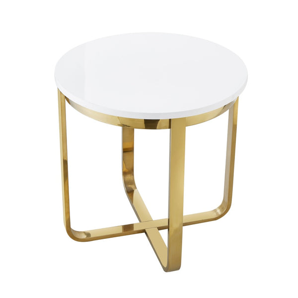 HomeRoots 22" Chic White and Gold Round End Table with Stainless Steel Cross Legs – Modern Minimalist Accent Piece 543892