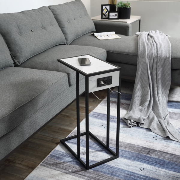 HomeRoots 26" Modern Faux Marble End Table with Iron Frame & USB Port - Stylish, Compact, and Versatile Design 543898