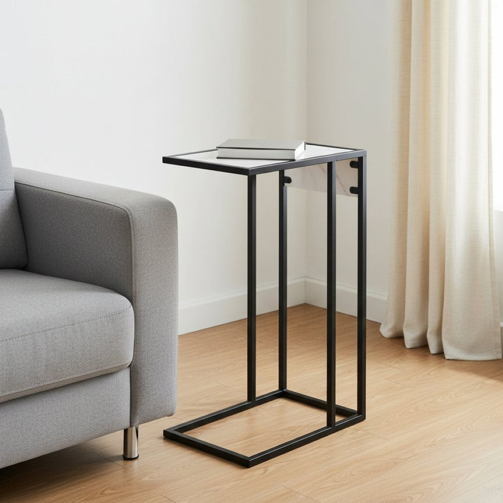 HomeRoots 26" Modern Faux Marble End Table with Iron Frame & USB Port - Stylish, Compact, and Versatile Design 543898