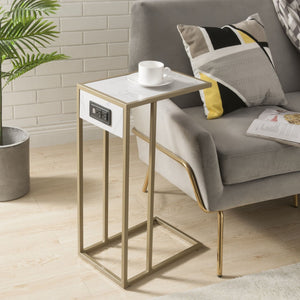 HomeRoots 26" White Faux Marble End Table with Gold Iron Frame & USB Port - Modern Accent for Any Room 543899